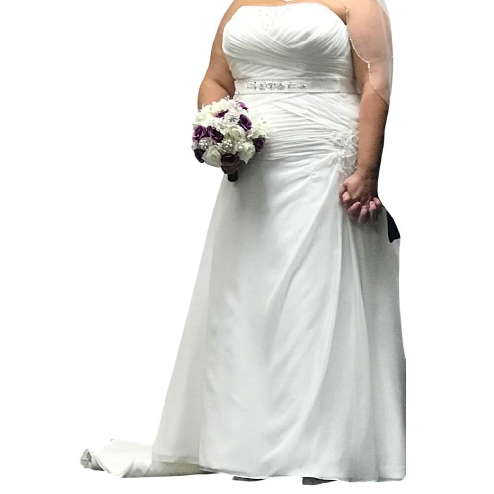 Off-White Cream Chiffon Wedding Dress Beaded Belted Wrap Bust Corset Back Sz 24W